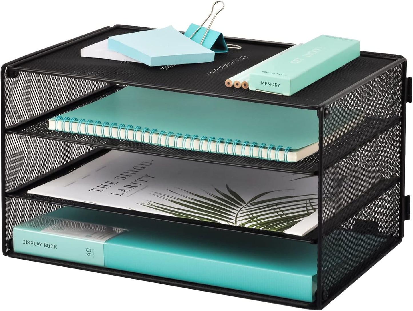 EASEPRES 3 Tier Mesh Desk Organizer Tray, File Paper Letter Folder Holder Desktop Paper Sorter Mail Organization Rack Storage Accessories, for Office Home School Classroom, Black