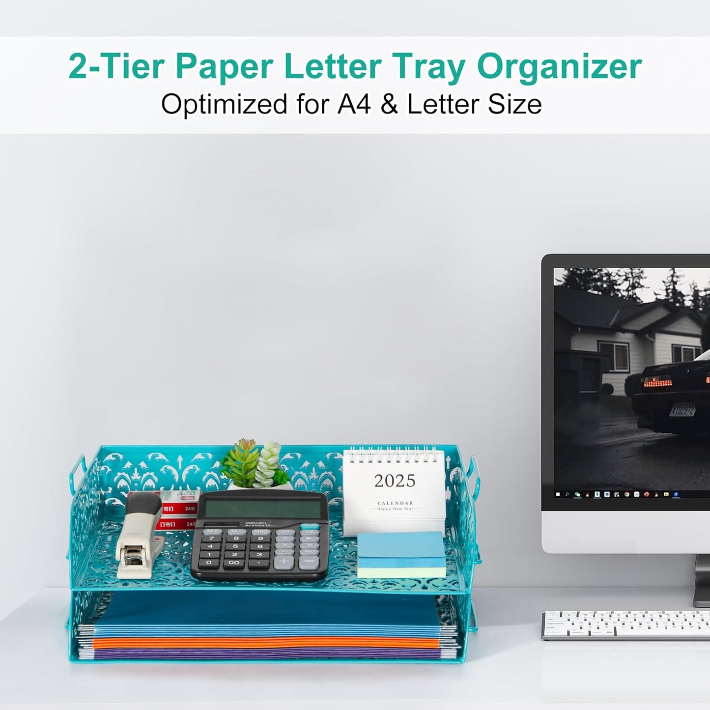EasyPAG Paper Organizer for Desk 2 Tier Stackable Paper Tray for A4 Legal Size Folders Metal File Storage Desktop Organizer for Home Office School Teacher, Black