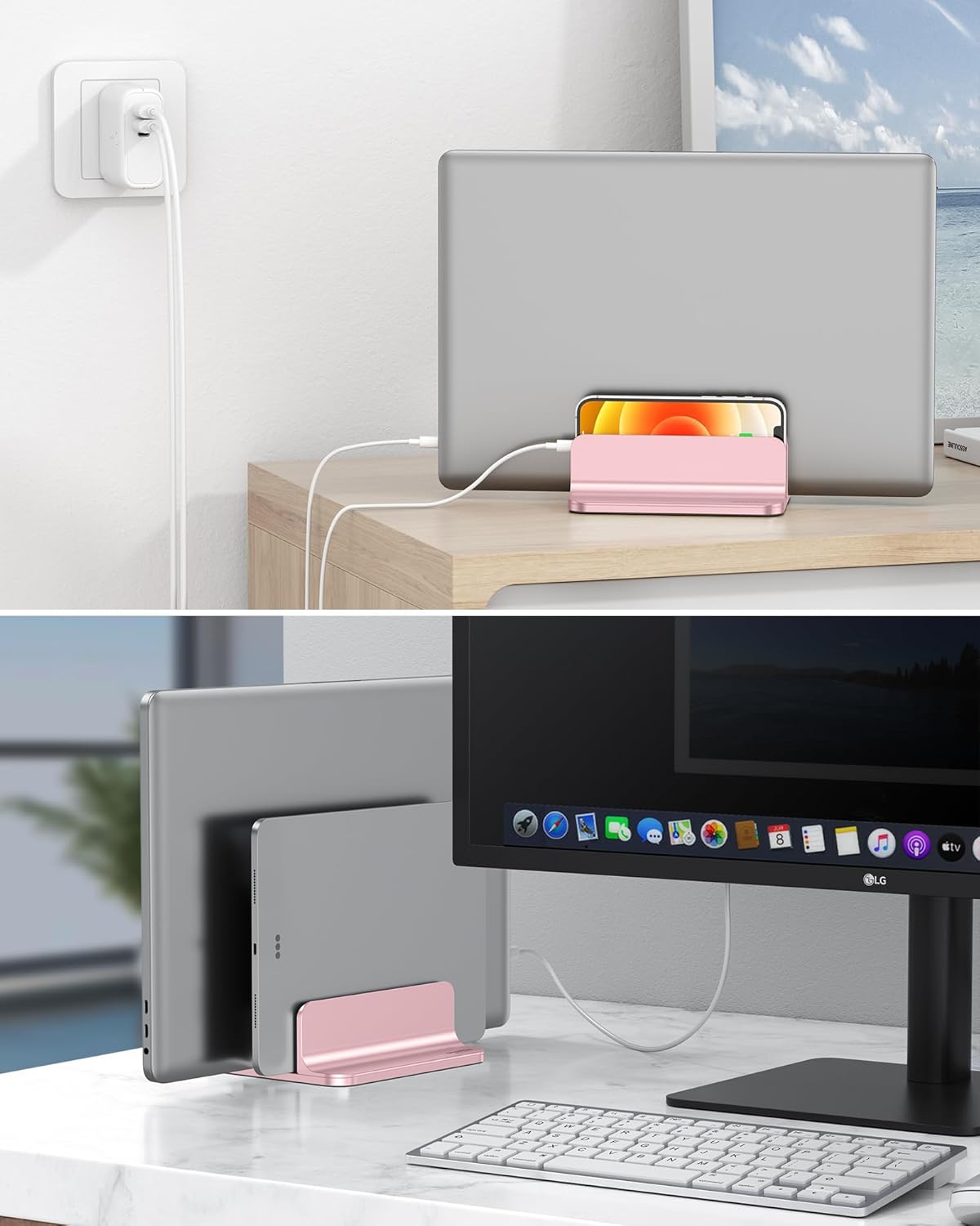 OMOTON Vertical Laptop Stand [Updated 3-Slots Version], Desktop Aluminum Mac Book Stand with Adjustable Dock Size, Fits All Mac Book, Chrome Book and Gaming Laptops (Up to 17.3 inch), Starlight