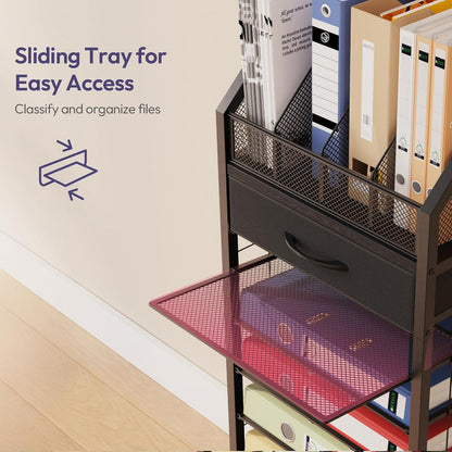 SWTYMIKI Desk Organizer with Drawers - Mesh and Wood Desk File Organizer with Pen Holders, 4-Tier Paper Organizer for Office Organizer and Accessorie, School and Home Storage, Black