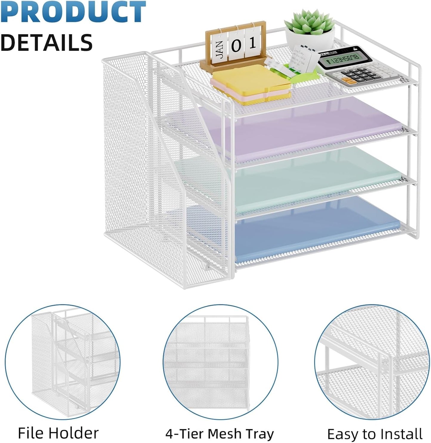 Marbrasse Desk Organizer and Accessories，4-Tier Paper Letter Tray Organizer with File Holder，Desk Accessories & Workspace Desktop Organizers for School Home Office Supplies (Blue)