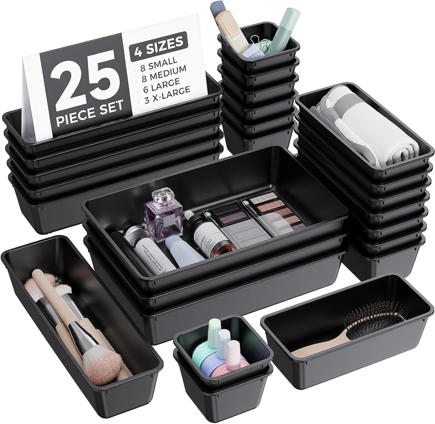 BiuLeon 25 PCS Plastic Drawer Organizers Set, 4-Sizes Vanity and Makeup Organizer, Desk and bathroom Drawer Organizer Trays, Organizers and Storage for Makeup, Jewelry, Gadgets, Utensils (Pink)