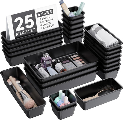 BiuLeon 25 PCS Plastic Drawer Organizers Set, 4-Sizes Vanity and Makeup Organizer, Desk and bathroom Drawer Organizer Trays, Organizers and Storage for Makeup, Jewelry, Gadgets, Utensils (Pink)