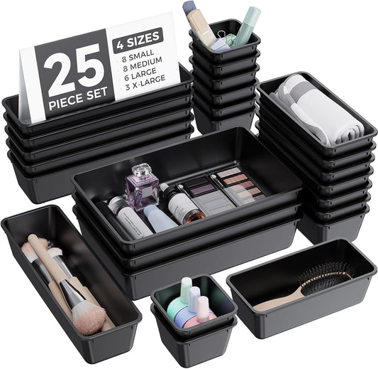 BiuLeon 25 PCS Plastic Drawer Organizers Set, 4-Sizes Vanity and Makeup Organizer, Desk and bathroom Drawer Organizer Trays, Organizers and Storage for Makeup, Jewelry, Gadgets, Utensils (Pink)