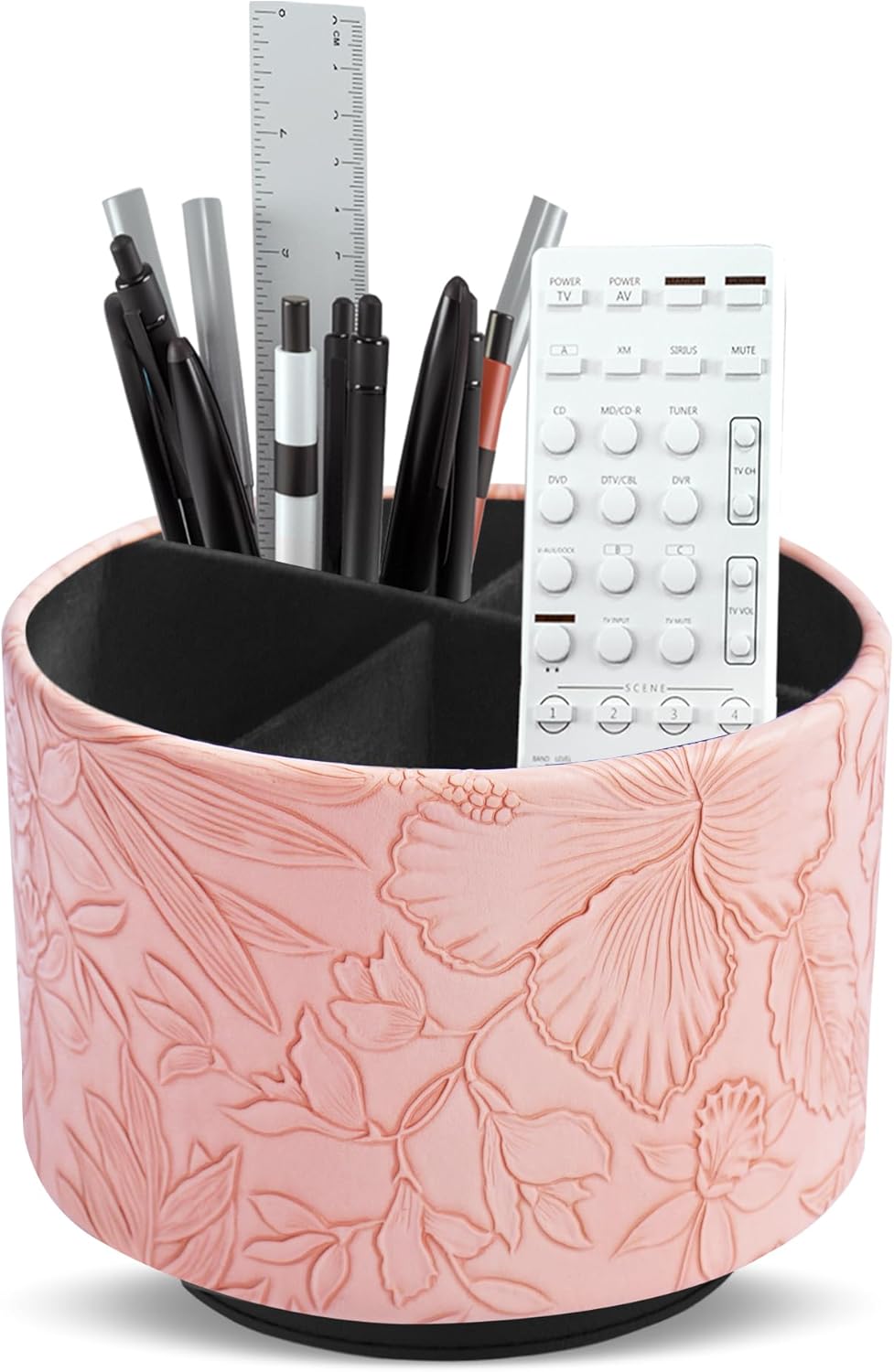Hennaja Round Leather Art Supply Organizer,Remote Control Holder,360 Degree Rotating,Multi-Functional Pencil Holder,4 Compartments Desktop Stationary Organizer(1-Blue Bird) - Colors C