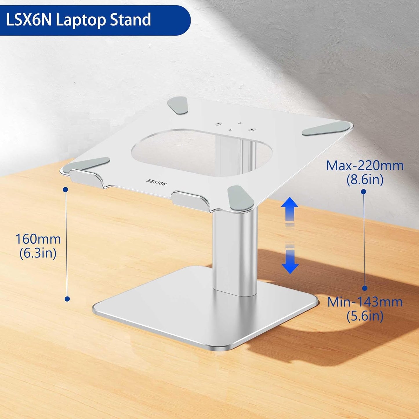 BESIGN LSX6 Computer Holder Stand, Ergonomic Adjustable Notebook Riser for Standing Work, Compatible with Air, Pro, Dell, HP, Lenovo More 10-14" Laptops, Black