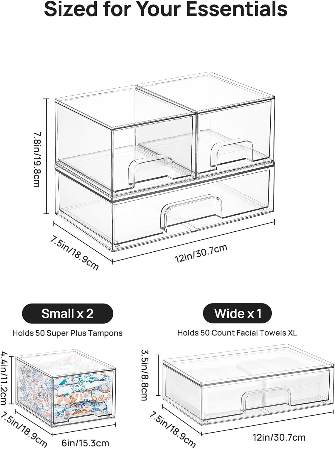 Vtopmart Stackable Storage Drawers Set of 4, Clear Plastic Organizer Bins for Bathroom Supplies,Ideal for Cabinet,Pantry,Laundry Room Organization