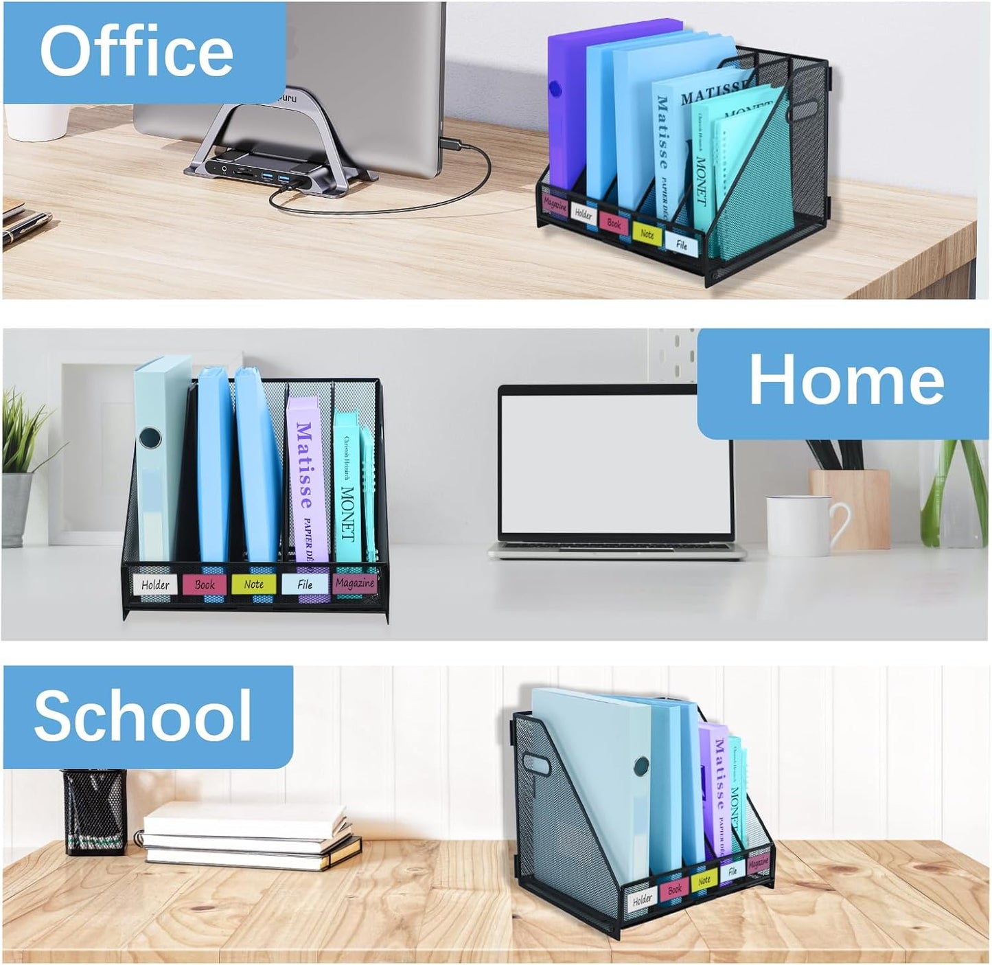 Desk Organizers Metal Magazine File Holder Racks Desktop Folder Storage Binder Organiser Document Organization for Home Office & Classroom,5 Vertical Compartments