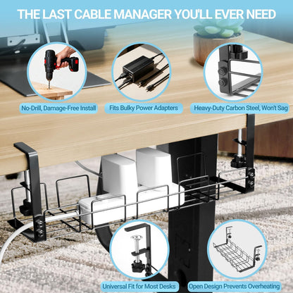 Under Desk Cable Management Tray, 15.7'' Metal Wire Organizer with Clamp, No Drill Desk Cord Rack for Cable Management, Computer Wire Organizer for Office and Home, Sturdy & Scratch-Free