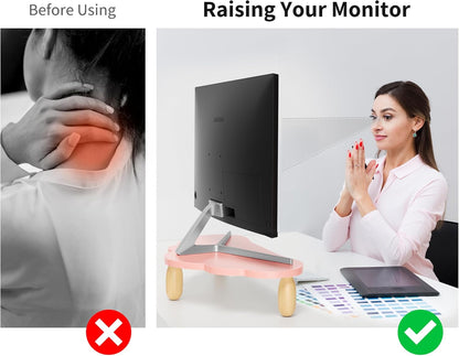 AFOOYO Monitor Stand Riser,Cloud Shape Wood Computer Monitor Stand, 16.5IN Monitor Stand Riser, Multi-Purpose Desktop Organizer Riser for Computer,Laptop,Printer,TV,Pink
