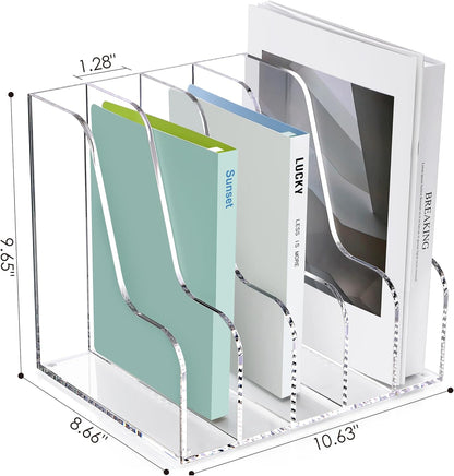 SANRUI Acrylic Magazine Holder Desk Organizer Workspace Sorters，Clear Bookend File Sorter Holder，Folder Rack, Office Accessories Organization Storage with 3 Vertical Compartments