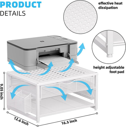 Marbrasse Metal Printer Stand for Desk with Storage Drawer and 2 Pen Holders, 2-Tier Desktop Organizer Printer Table for Home Office, Multi-Purpose Desk Organizer for Fax Machine Scanner Files(Black)