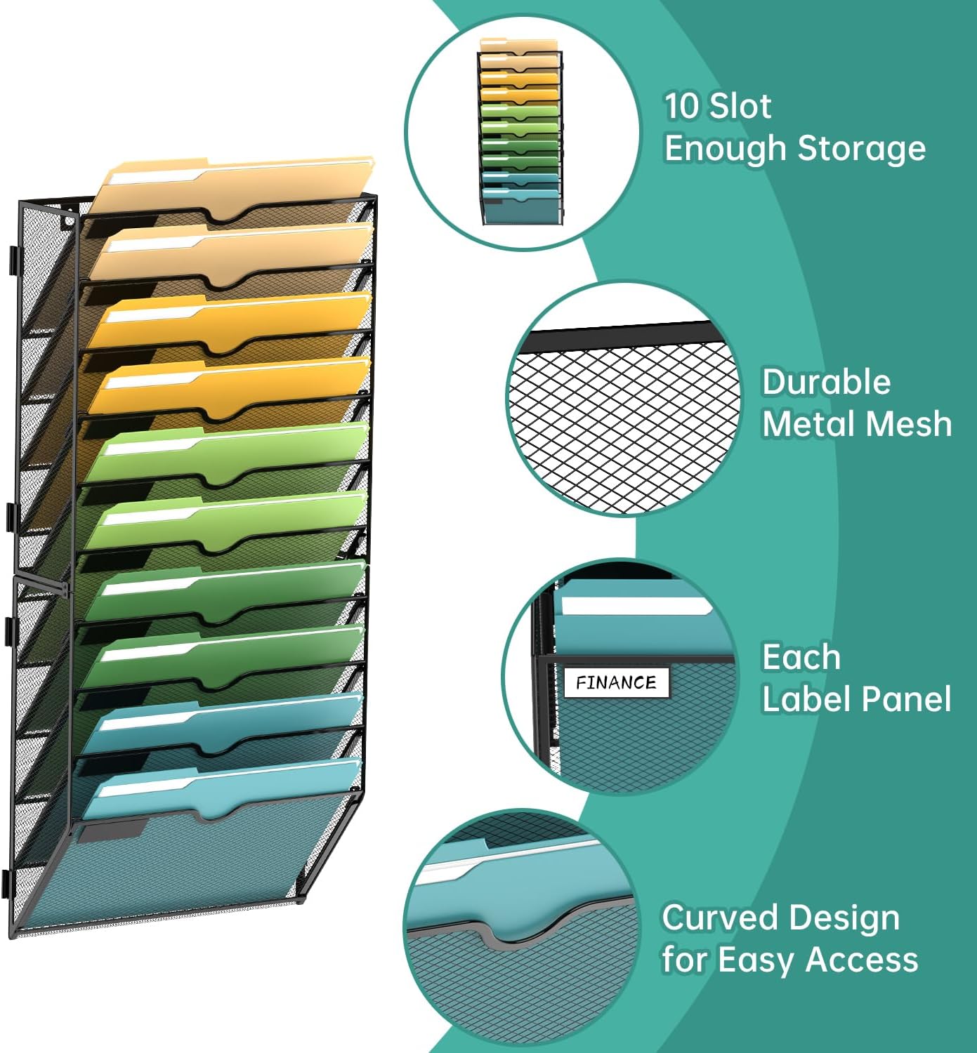 SUPEASY 5 Tier Wall File Organizer, Hanging Wall Mounted Mail Organizer with Label Slots, Metal Mesh File Holder Magazine Rack for Office, Home, School or Classroom, Black