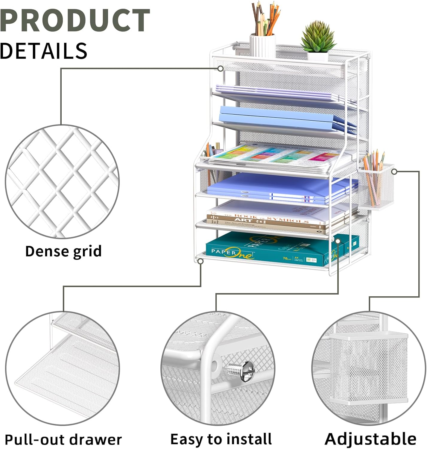 7 Tier Desk File Organizer – Vertical File Organizer for Desk with Removable Pen Holder & Adjustable Pull-out Drawer – Metal Document Organizer for Office, Simple Trending Design – Black