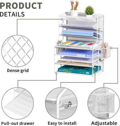 7 Tier Desk File Organizer – Vertical File Organizer for Desk with Removable Pen Holder & Adjustable Pull-out Drawer – Metal Document Organizer for Office, Simple Trending Design – Black