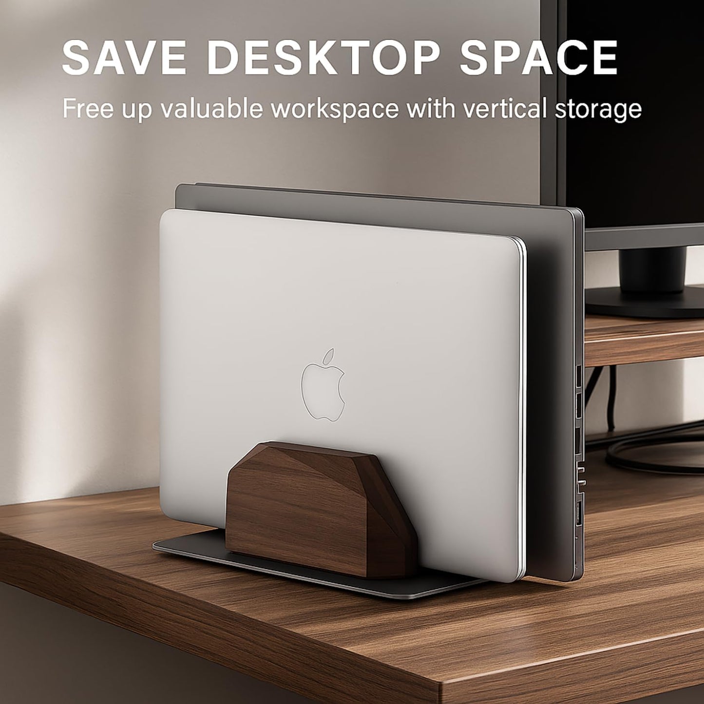 Walnut Wood Vertical Laptop Stand, Dual Slot Wooden Laptop Holder Vertical for Desk, Width Adjustable Dock Compatible with MacBook Pro and Universal Gaming Laptops