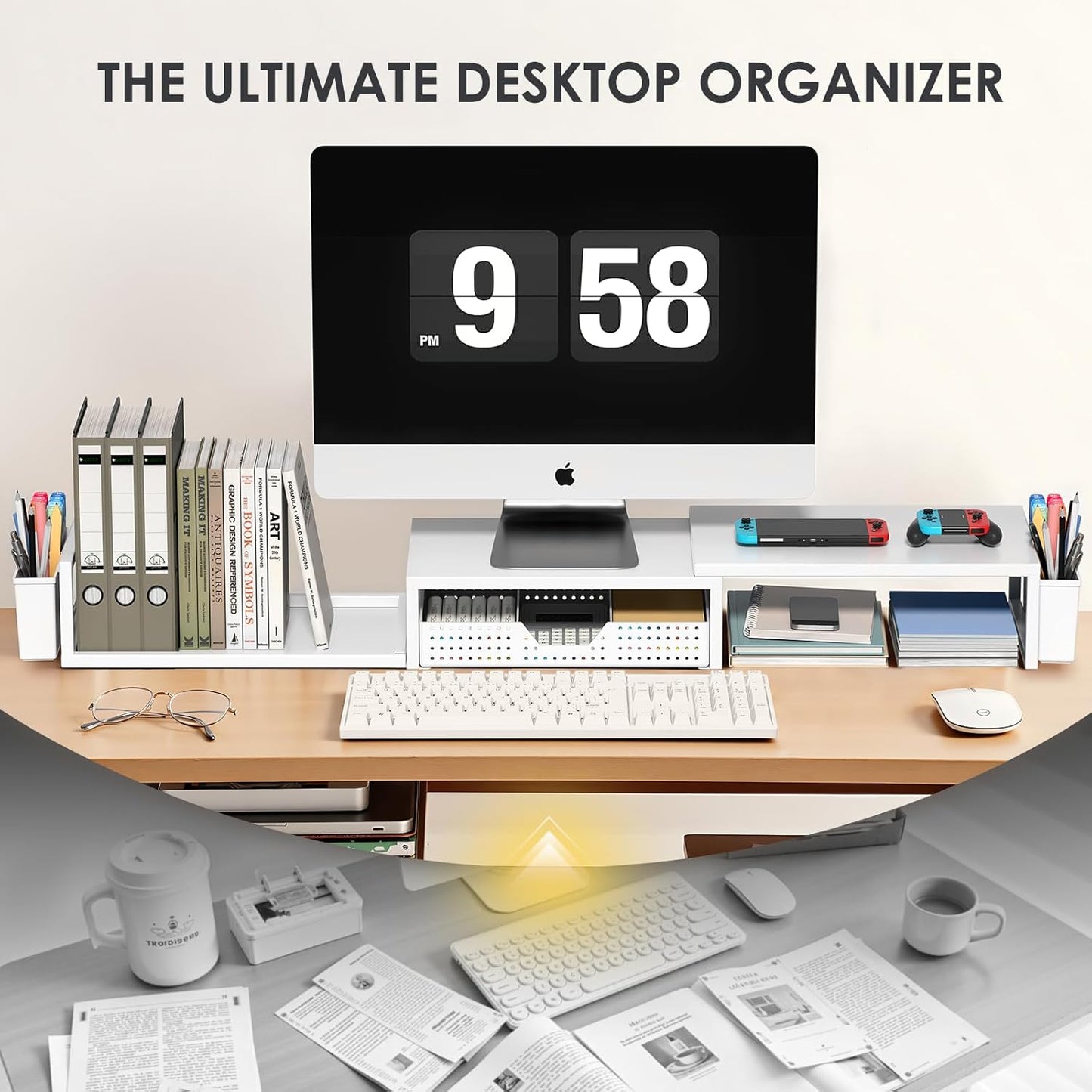 OPNICE Clear Acrylic Desk Organizers and Accessories, Dual Monitor Stand Riser with Drawer, Desk Shelf Computer Racks for Office Workspace Organizers, Desktop Organization (Transparent)