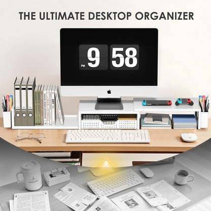 OPNICE Clear Acrylic Desk Organizers and Accessories, Dual Monitor Stand Riser with Drawer, Desk Shelf Computer Racks for Office Workspace Organizers, Desktop Organization (Transparent)