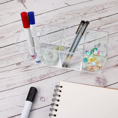 QPEY Large Acrylic Pen Holder 4 Compartments,Clear Pen Holder Organizer Makeup Brush Holder for Office Desk Accessories,Cosmetic Brush Storage Box,Dorm,Bathroom,Kitchen (Clear)