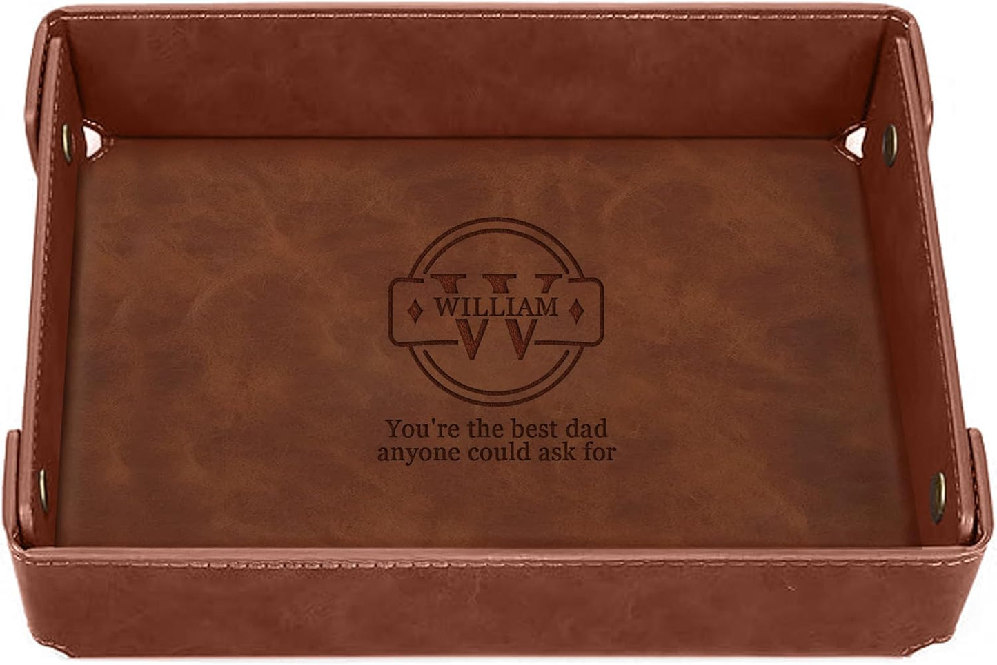 Engraved Leather Valet Tray for Men – Personalized Catchall with Custom Name for Desk, Dresser, Nightstand – Men's Organizer Tray for Keys, Wallet, Jewelry, Personalized Gift for Home, Office - Coffee