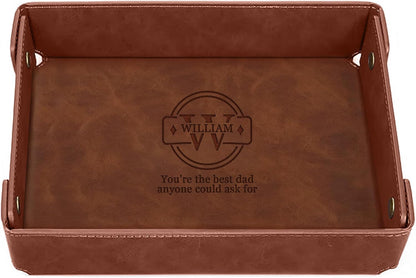 Engraved Leather Valet Tray for Men – Personalized Catchall with Custom Name for Desk, Dresser, Nightstand – Men's Organizer Tray for Keys, Wallet, Jewelry, Personalized Gift for Home, Office - Coffee