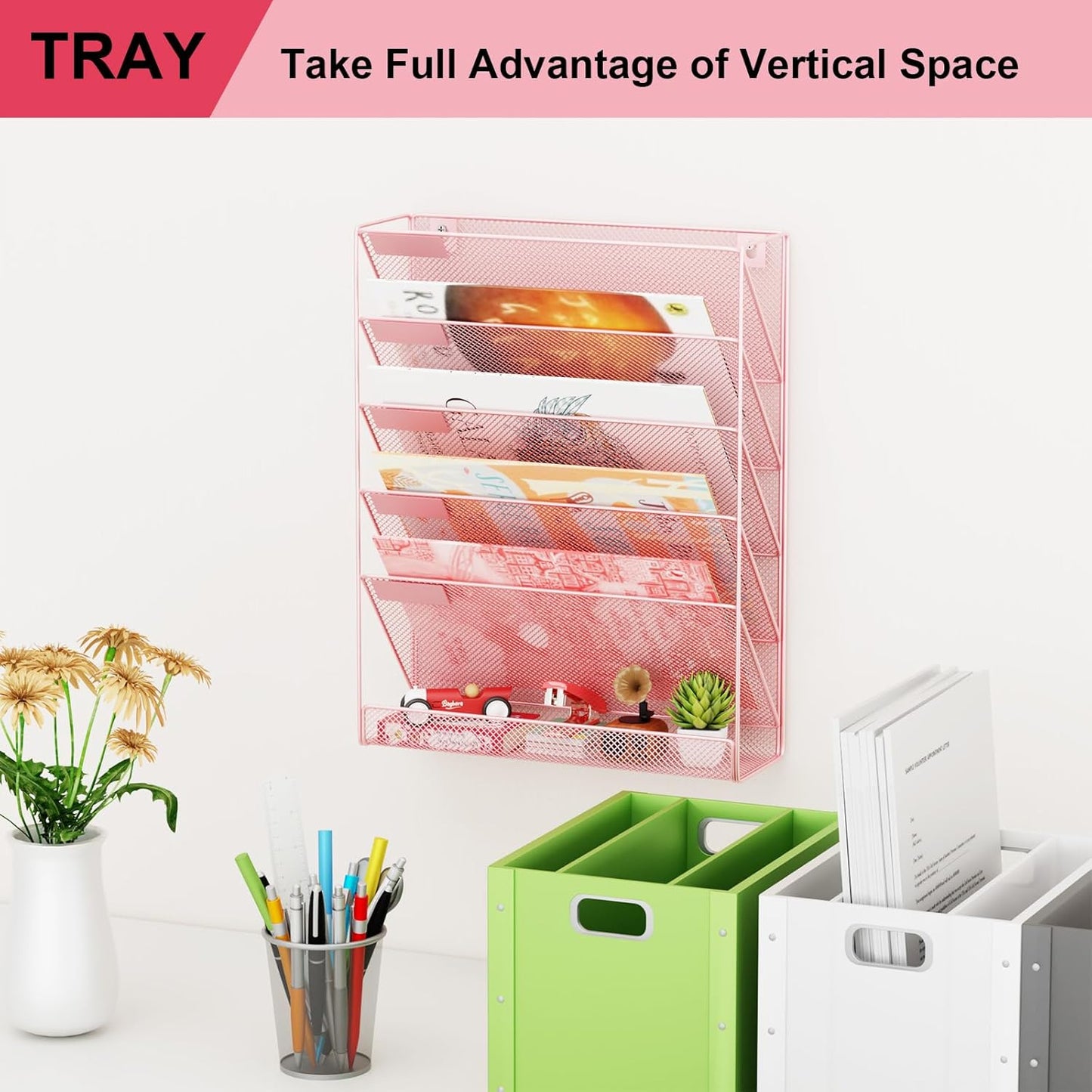 Wall File Organizer Holder Mesh Hanging Paper Document Holder,Vertical 6 Pocket Tier for Office Home, Black