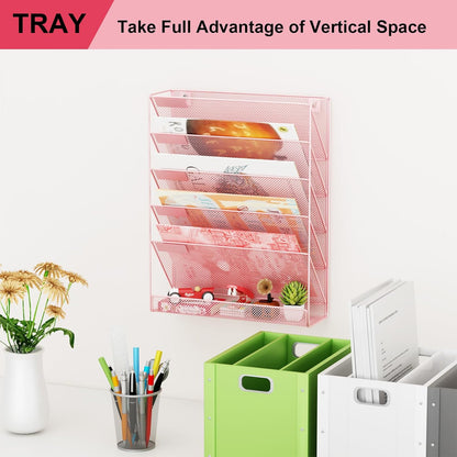 Wall File Organizer Holder Mesh Hanging Paper Document Holder,Vertical 6 Pocket Tier for Office Home, Black