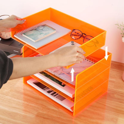 Gelite Acrylic File Organizer for Desk 4 Tiered Stackable Letter Tray Office Paper Storage Desktop Document Sorter, Neon Pink