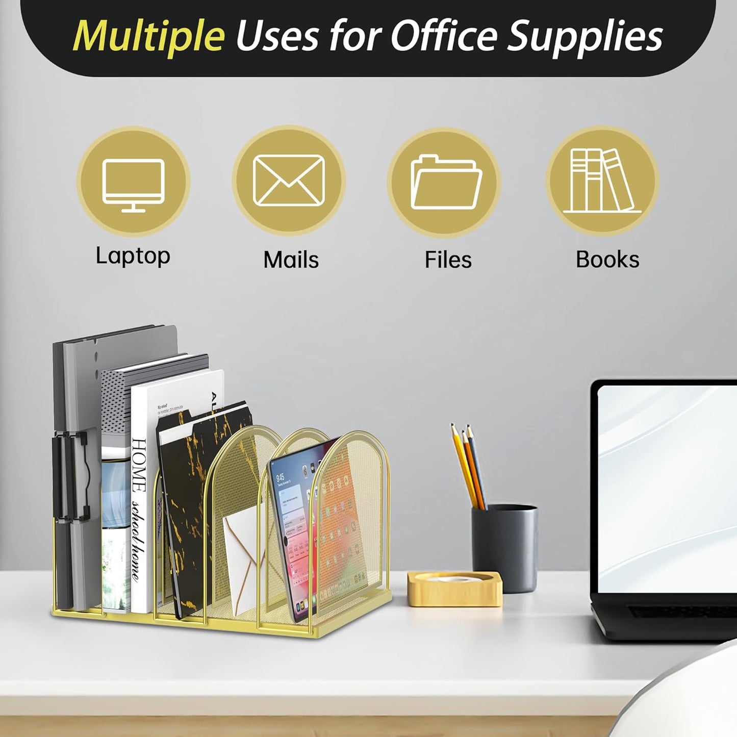 SUPEASY File Organizer for Desk, 5-Section Mesh Desk Organizer, Vertical File Holder Desktop Organizer File Sorter, File Folder Holder for Office Supplies, Black