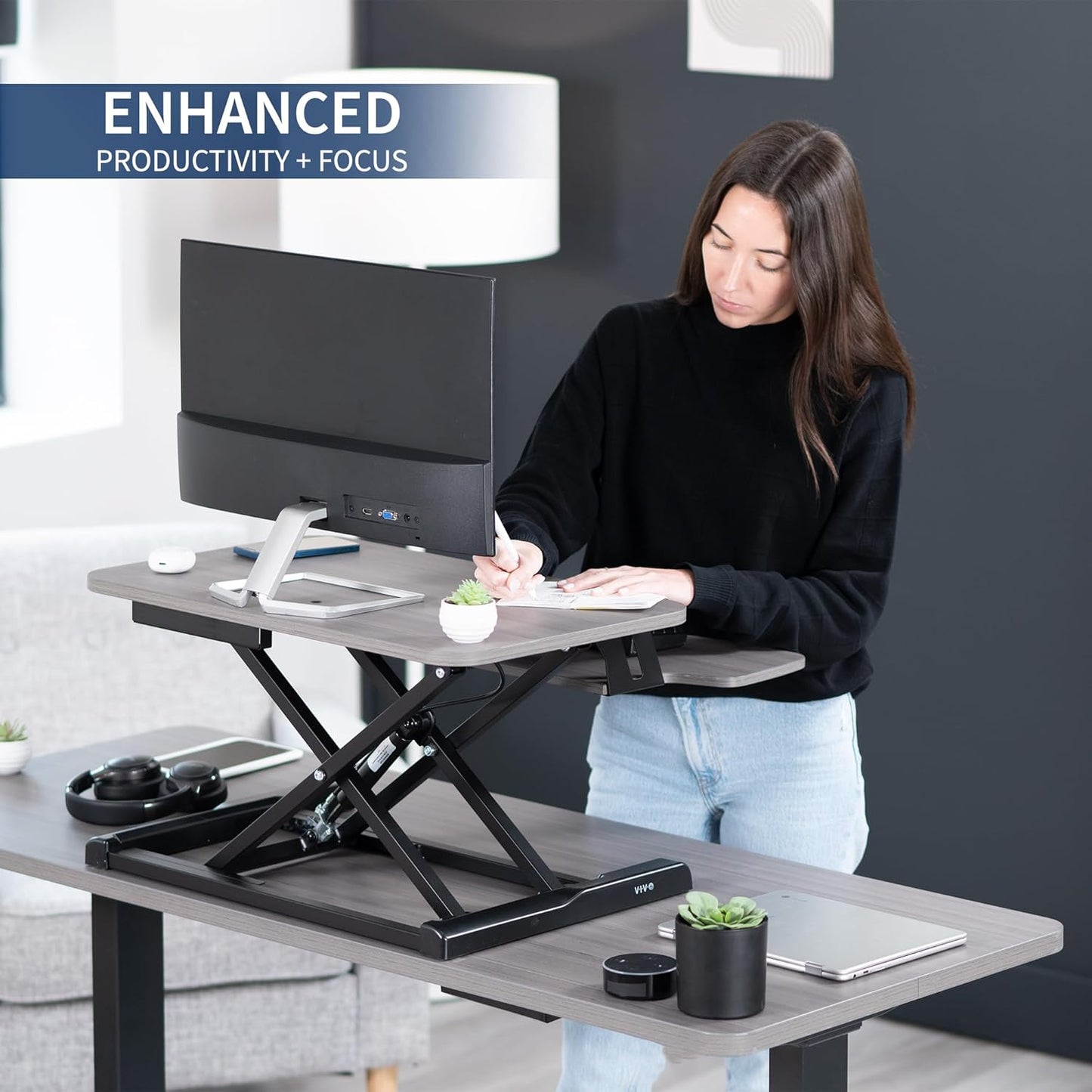 VIVO 26 inch Desk Converter, K Series, Height Adjustable Sit to Stand Riser, Dual Monitor and Laptop Workstation with Keyboard Tray, Black, DESK-V026KB