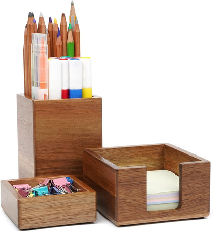 RAWILL 3 PCS Black Wooden Desk Organizer Set Pine Wood Office Desk Accessories with Pen Holder, Paperclip Storage and Sticky Note Holder, Wood Grain Clear, Ideal Gift for Office and Family