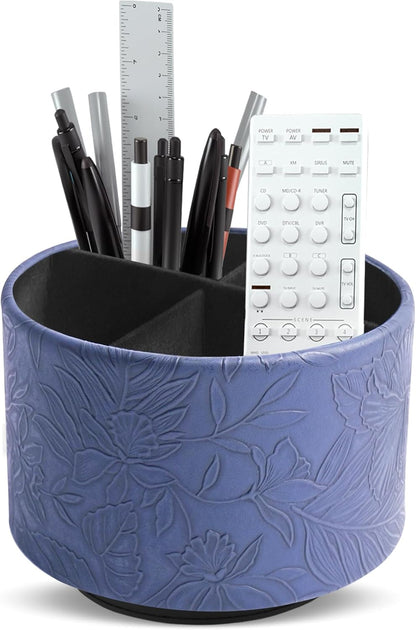 Hennaja Round Leather Art Supply Organizer,Remote Control Holder,360 Degree Rotating,Multi-Functional Pencil Holder,4 Compartments Desktop Stationary Organizer(1-Blue Bird) - Colors A