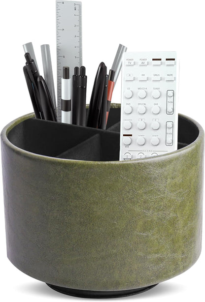 Hennaja Round Leather Art Supply Organizer,Remote Control Holder,360 Degree Rotating,Multi-Functional Pencil Holder,4 Compartments Desktop Stationary Organizer(1-Blue Bird) - Colors C