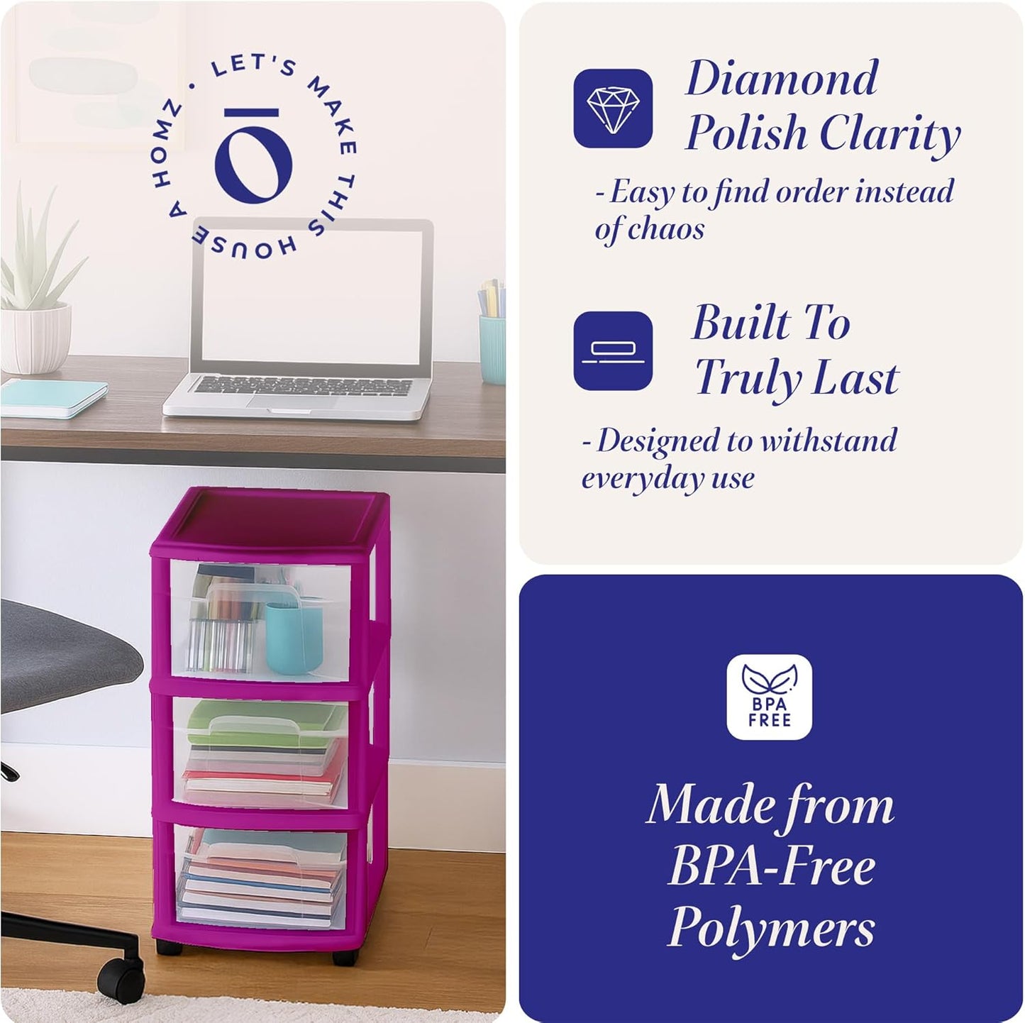 HOMZ Drawer Tower, 3-Tier Rolling Storage Cart with Removable Wheels, White Frame – Plastic Organizer with Clear Bin Drawers for Bedroom, Bathroom, Home Office, and Dorm Room