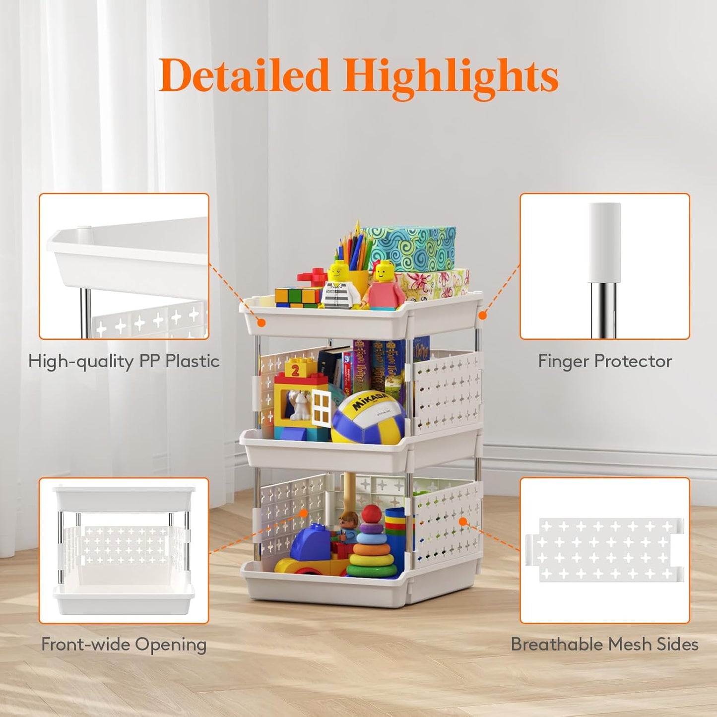 Lifewit Plastic Stackable Storage Baskets, 4 Tier Stacking Bins for Food and Clothes, Multifunctional Organizer for RV, Kitchen, Playroom, Pantry and Bathroom, 13.8"D x 11.8"W x 28.3"H, 1 Pack, White