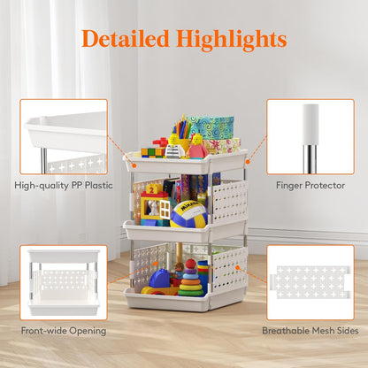 Lifewit Plastic Stackable Storage Baskets, 4 Tier Stacking Bins for Food and Clothes, Multifunctional Organizer for RV, Kitchen, Playroom, Pantry and Bathroom, 13.8"D x 11.8"W x 28.3"H, 1 Pack, White