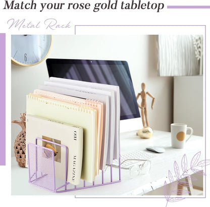 2 Pcs 7 Section Wire File Organizer for Desk, Metal Mesh Incline File Holder, Letter & Magazine Folder Rack, Desktop Paper Sorter for Home Office School (Golden)
