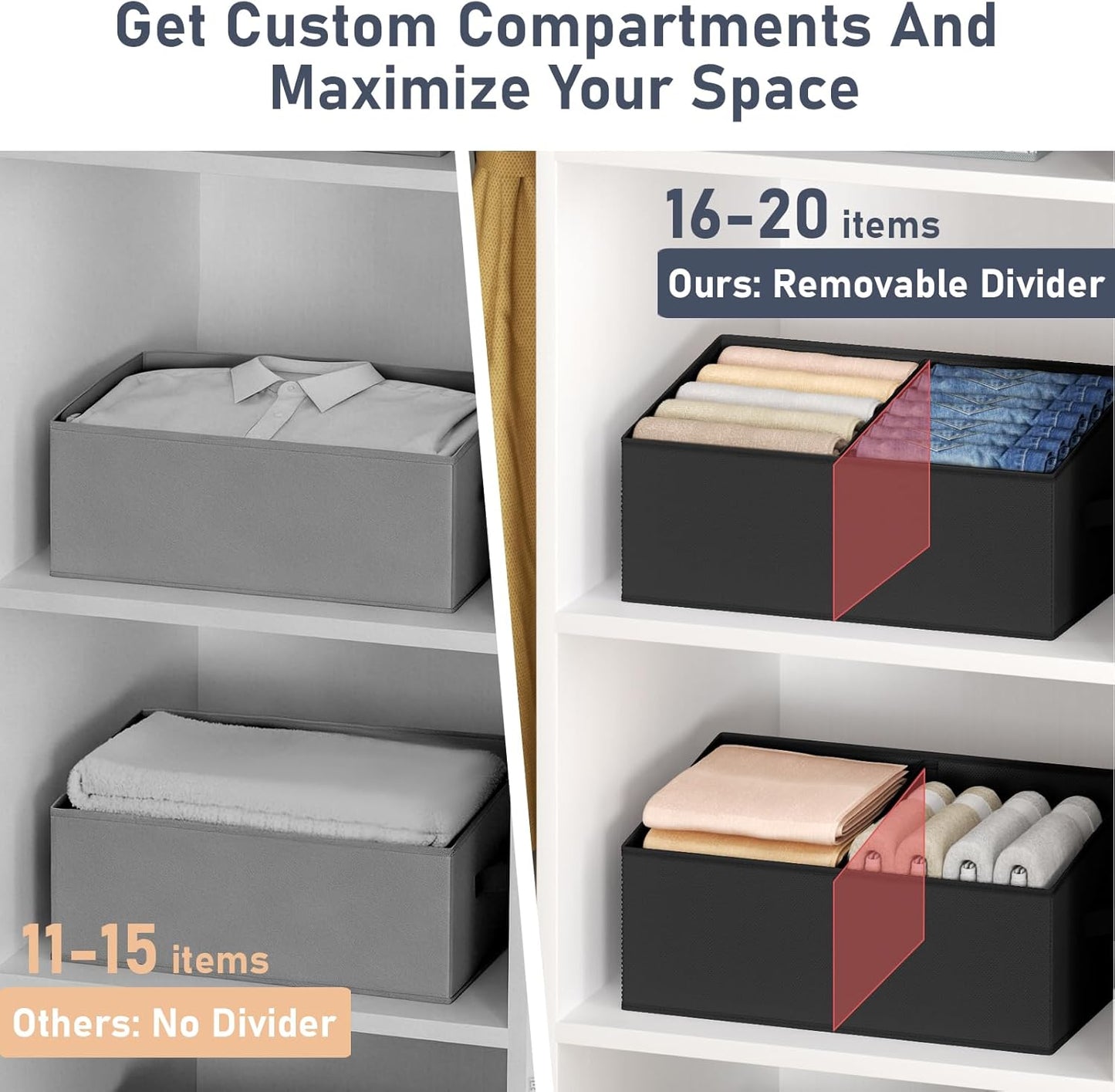 DIMJ Closet Storage Bins, 6 Pack Storage Baskets for Shelves, Foldable Closet Organizer with Handle, Linen Closet Organizers and Storage for Clothes, Toys, Towel, Books (Black)
