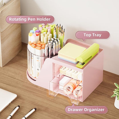 Marbrasse Desk Organizer with 2 Drawer, 360°Rotating Pen Holder, Desk Organizers and Accessories with 6 Slots Pencil Organizer + 2 Drawer, Art Supply Storage Box Caddy for Office (White)