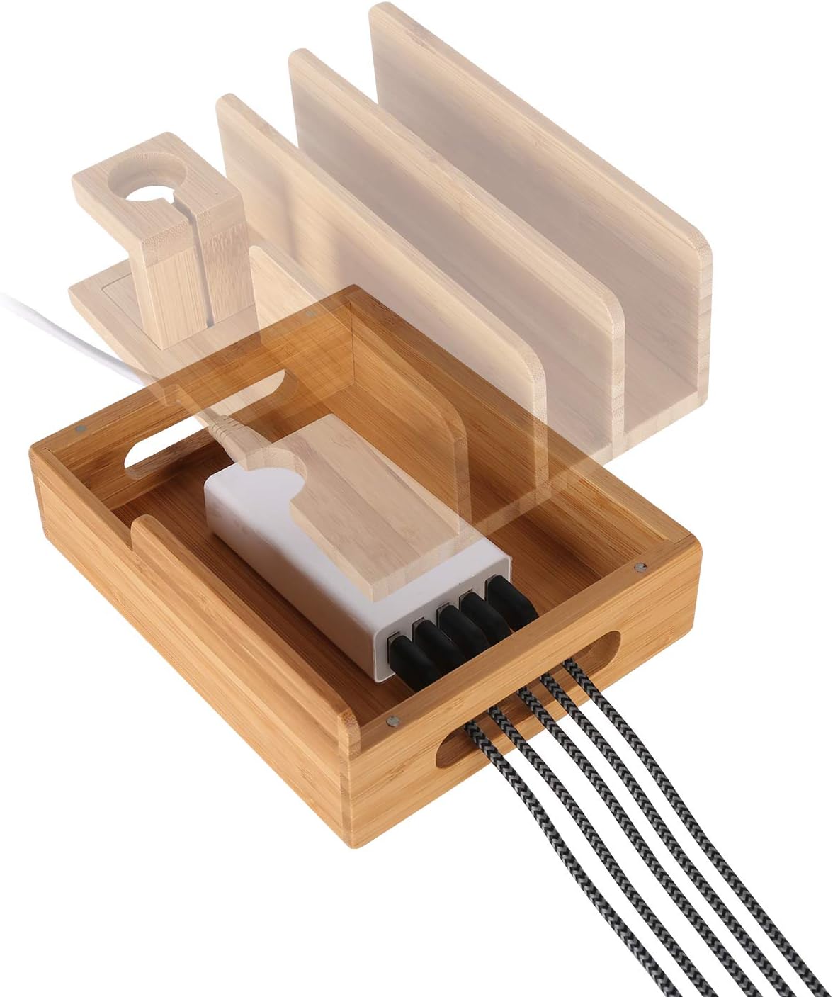 Bamboo Wood Multi-Device Desktop Dock Station Charger Holder Charging Cradle Charge Stand Compatible for iPhone 16 15 14 13 12 11 Pro Max XS XR X iPad 3 4 Mini Pro Air Samsung Huawei Smartphones