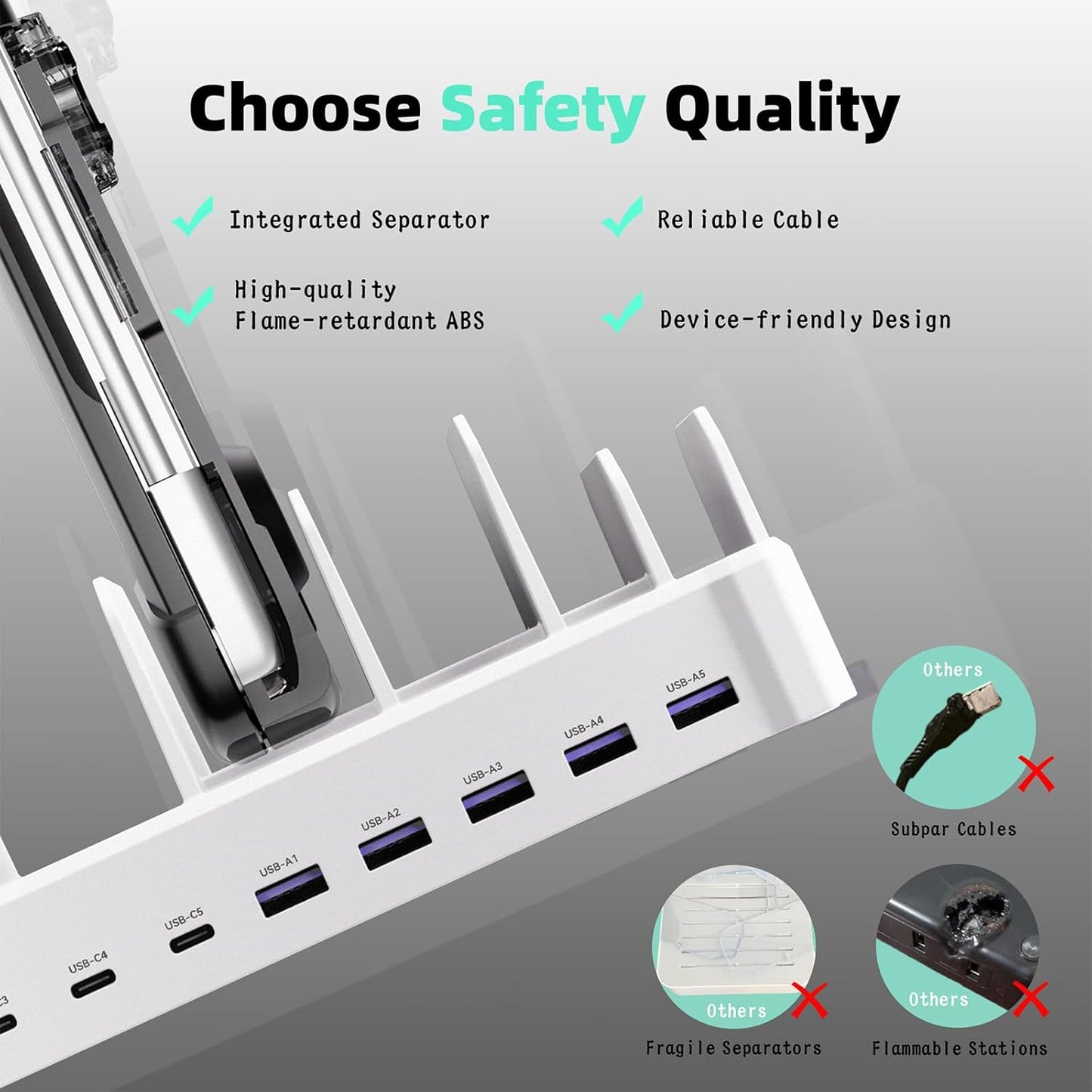 420W Charging Station for Multiple Devices, Zobirez 10-Port USB C Fast Charger Stations for MacBook, iPhone, Android Cell Phone, iPad, Tablet, Family Multi-Device Organizer Charging Dock, Black