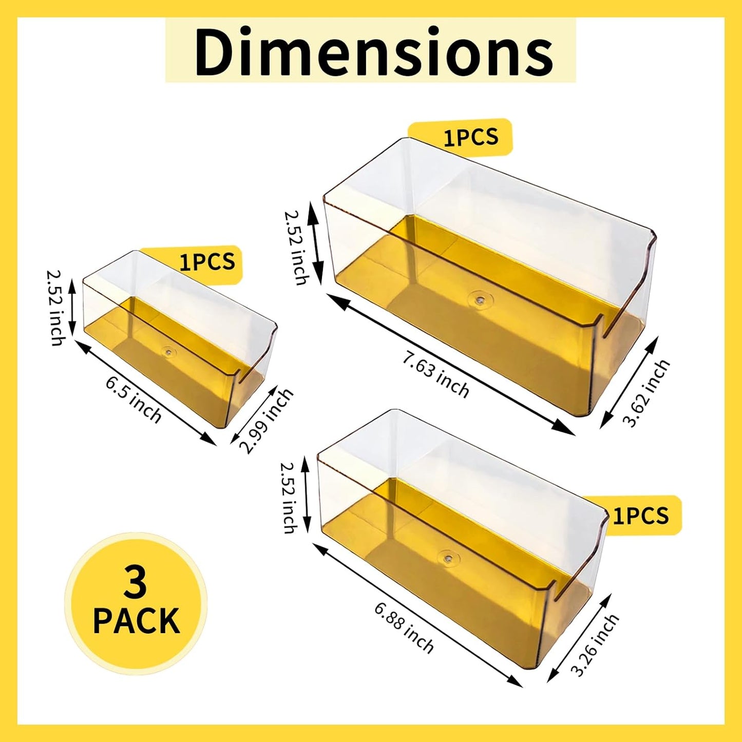 3pcs Plastic Drawer Organizer, 3 Sizes Desk Drawer Divider Organizers and Containers for Makeup, Jewerly, Kitchen drawer organizers, Bedroom, Bathroom, Office supply for storage (Gold)