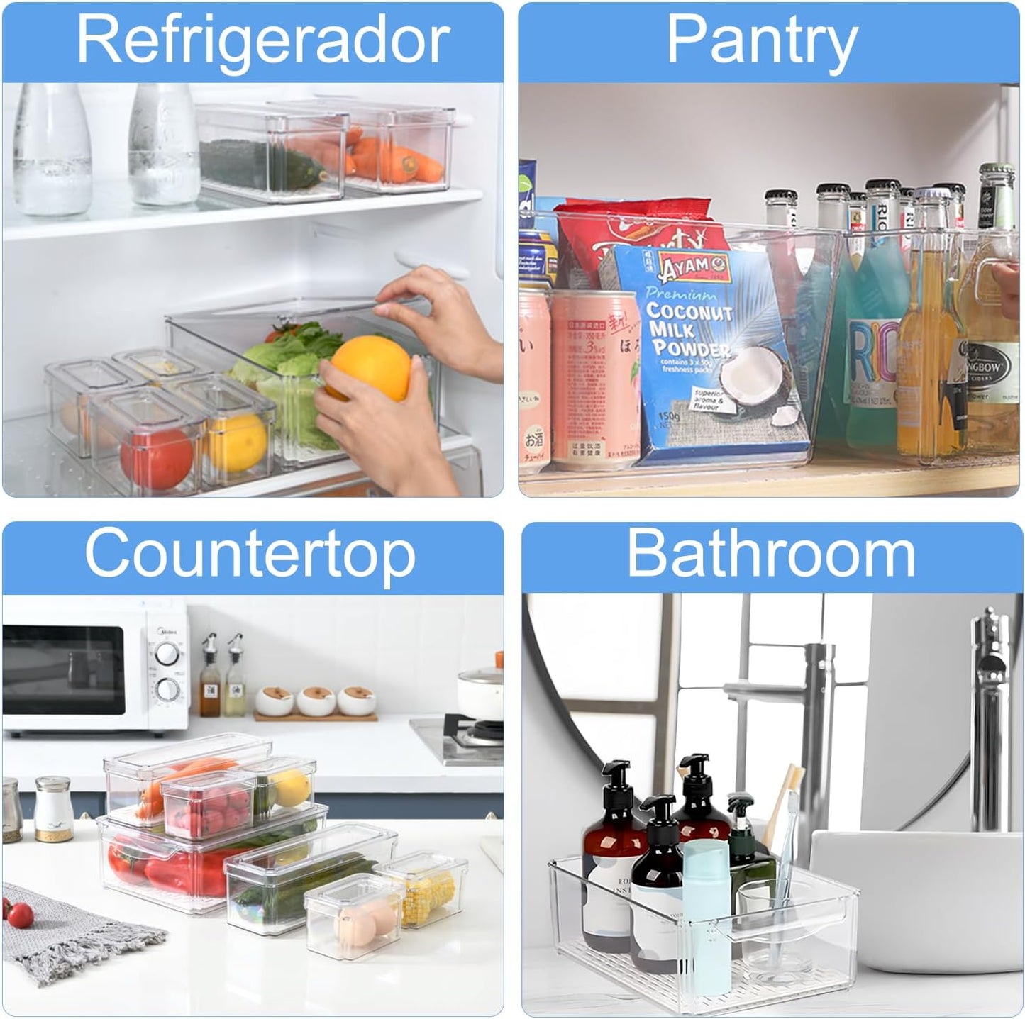 KUMD 10-Pack Clear Fridge Organizer Bins with Lids, Stackable Refrigerator Storage Containers, BPA-Free with Drain Tray & Anti-Slip Base for Fruits, Veggies, Drinks