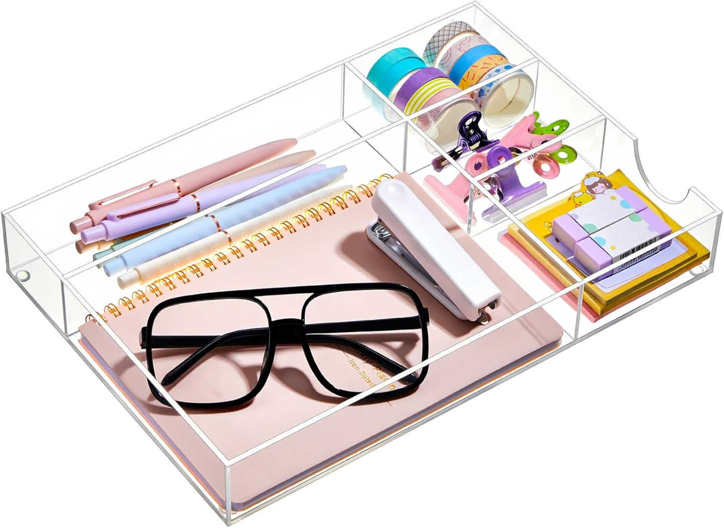 Briwooody Clear Acrylic Desk Drawer Organizer 11 x 6.1 x 1.38 Inch Storage Tray Organizer for Pens, Stationery, Desktop, Office, Bathroom, Kitchen, Makeup Supplies (6 Compartments)