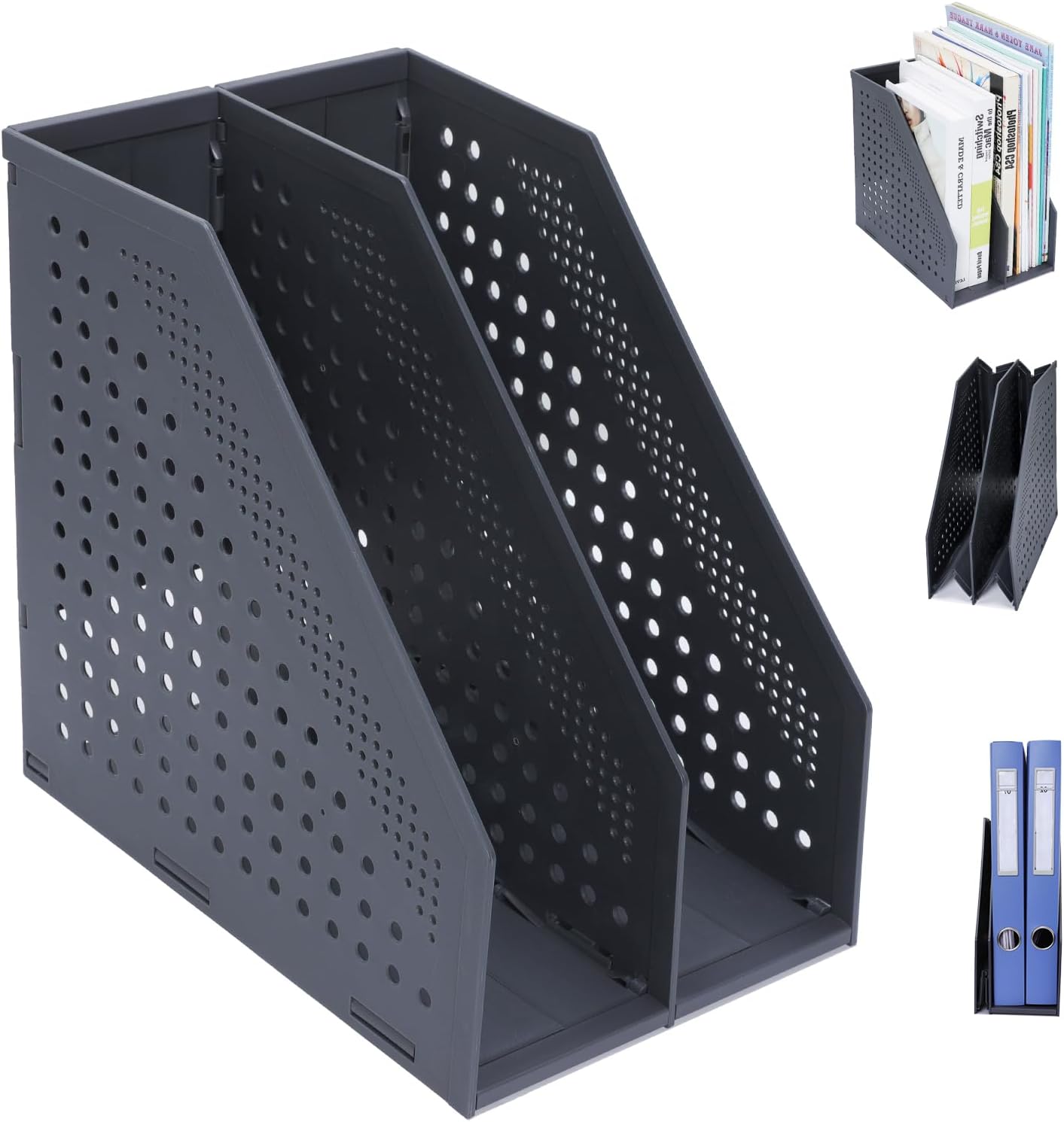 FRETONBA Collapsible Magazine File Holder with 2 Vertical Compartments Foldable Binder Holder for Desk Binder Storage Organizer Plastic Magazine Holders for Shelf, Dark Gray