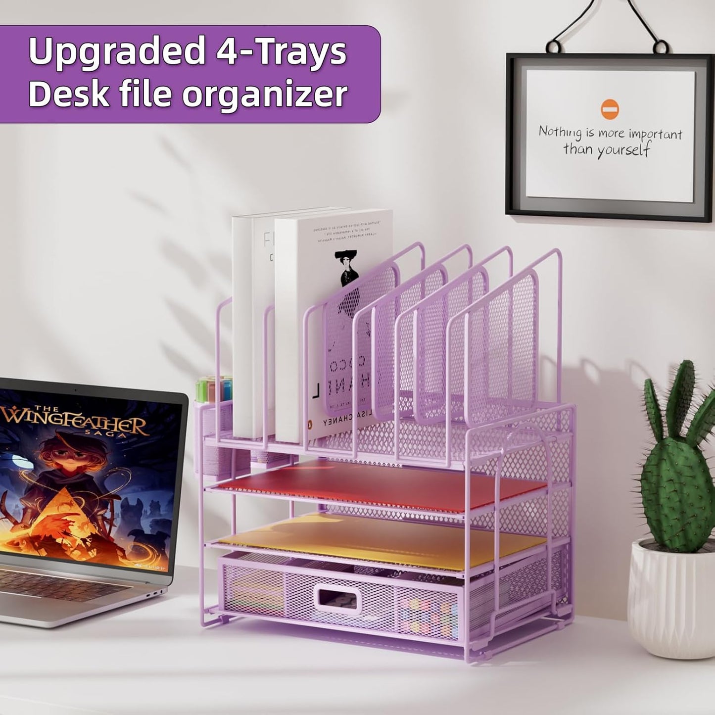 Marbrasse Desk Organizer with Drawer, 4-Tier Mesh File Organizer with 5 Vertical File Holders and 2 Pen Holders, Multifunction Desktop Organizer,Desk Organizers and Accessories for Home Office