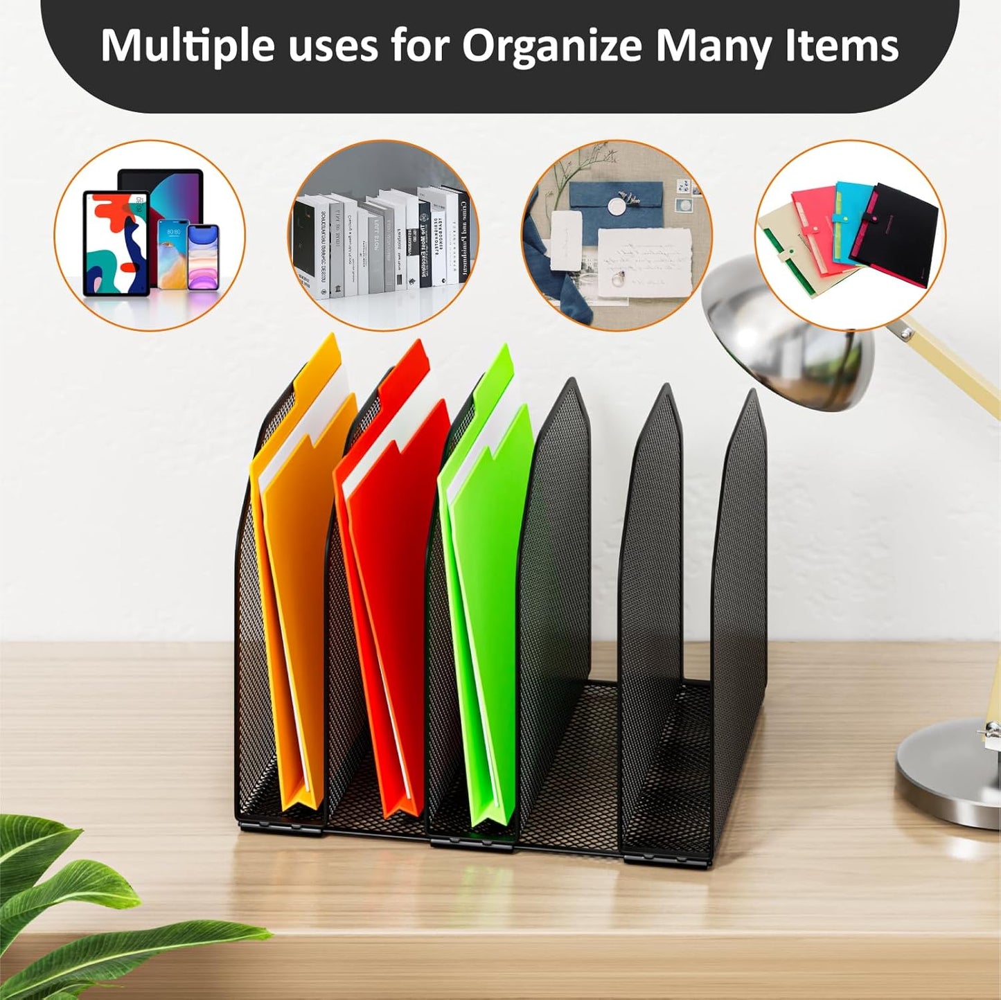 FUCDTEFC Desk File Organizer, Adjustable 5 Sections Upright Desktop Organizer File Sorter, Sturdy Metal Mesh Vertical Bookshelf File Holder Workspace Accessories for Home,School,Office Classroom,Black