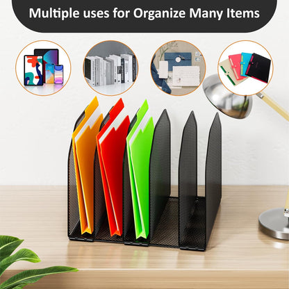 FUCDTEFC Desk File Organizer, Adjustable 5 Sections Upright Desktop Organizer File Sorter, Sturdy Metal Mesh Vertical Bookshelf File Holder Workspace Accessories for Home,School,Office Classroom,Black
