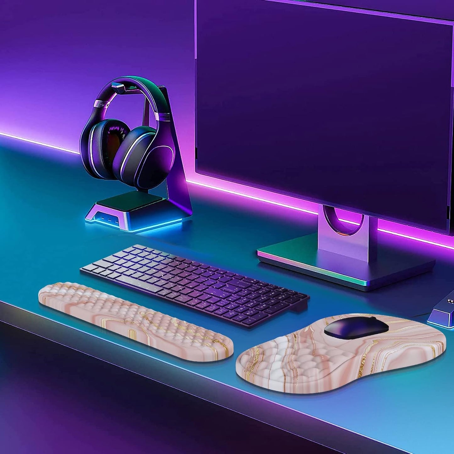 HAOCOO Keyboard Wrist Rest, Ergonomic Mouse Pad with Wrist Rest, 3 in 1 Keyboard and Mouse pad with Coaster Set, Memory Foam Wrist Support, Non-Slip PU Base for Home Office, Rose Gold Pink