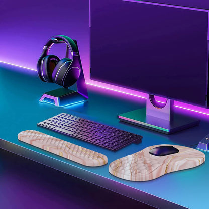 HAOCOO Keyboard Wrist Rest, Ergonomic Mouse Pad with Wrist Rest, 3 in 1 Keyboard and Mouse pad with Coaster Set, Memory Foam Wrist Support, Non-Slip PU Base for Home Office, Rose Gold Pink
